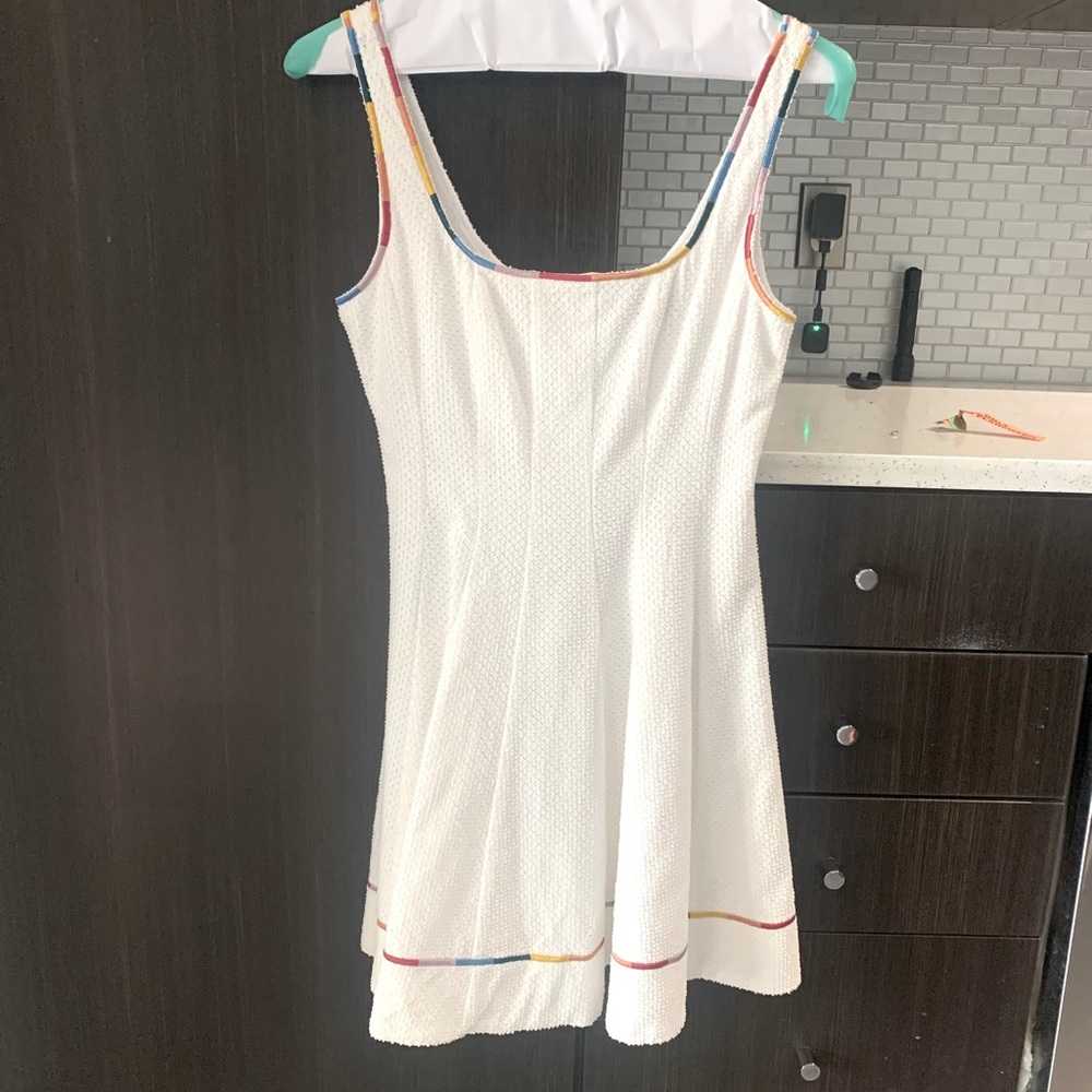 White STAUD dress with rainbow patterned edges. Great for bridal shower